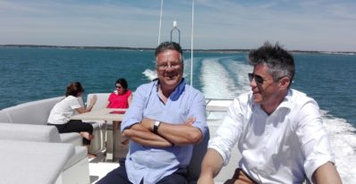 Oliver Frols and Erik Stromberg enjoying on board the new prestige 590 yacht
